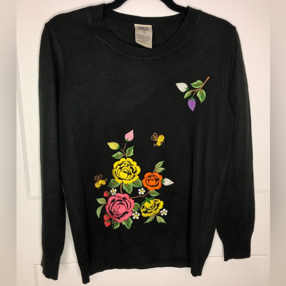 Vintage 70s Ades of California Acrylic Sweater Black Embroidered Flowers